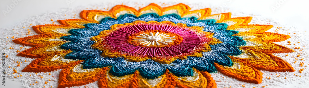 Colorful Rangoli Design with Blessed Sharad Purnima Text Isolated on White Background - Festive Camera Pan Scene Creating Serene Ambiance Colorful Rangoli Design with Blessed Sharad Purnima Text Isolated on White Background - Festive Camera Pan Scene Creating Serene Ambiance