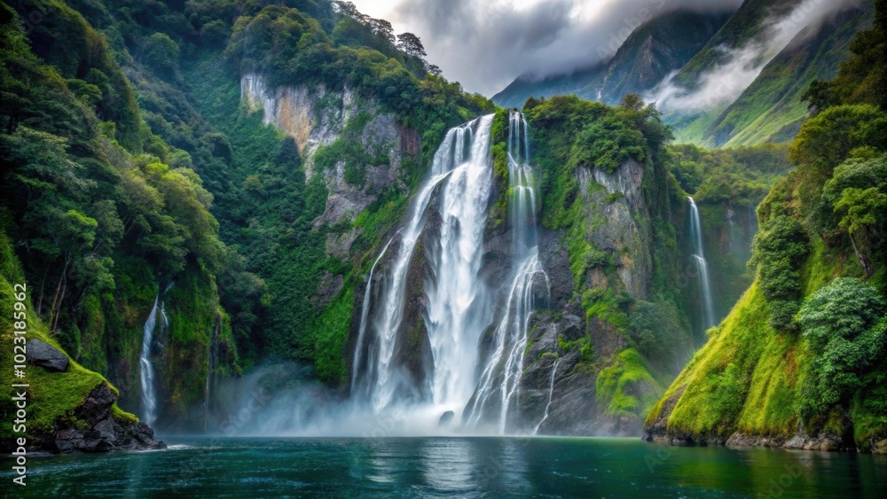 Fototapeta premium Moody waterfall cascading in lush tropical rainforest at Milford Sound, waterfall, tropical, rainforest, Milford Sound, nature