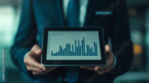 Business professional holding tablet displaying statistical graphs. photo