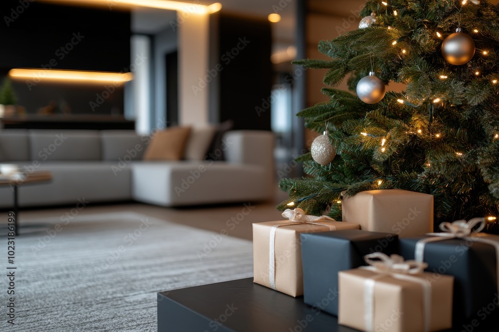 A minimalist holiday setup with a gleaming Christmas tree sparkling with lights, accompanied by beautifully wrapped elegant gifts on a dark surface. A minimalist holiday setup with a gleaming Christmas tree sparkling with lights, accompanied by beautifully wrapped elegant gifts on a dark surface.