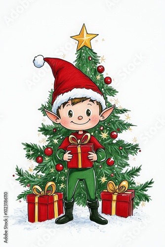 Cheerful Elf with Christmas Gifts and Tree Illustration