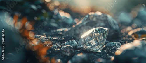 A radiant diamond lies amidst a natural setting of rocks and light, evoking timeless beauty in a harmonious landscape.