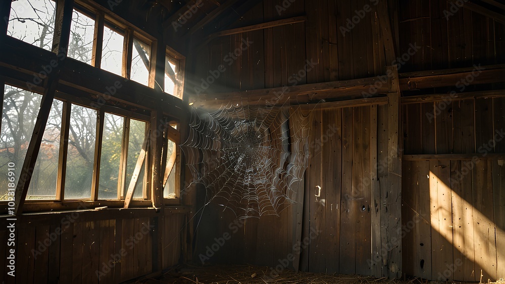 Spider Webs in an Abandoned Barn: Dusty Light Beams Enhance the Spooky Atmosphere Spider Webs in an Abandoned Barn: Dusty Light Beams Enhance the Spooky Atmosphere