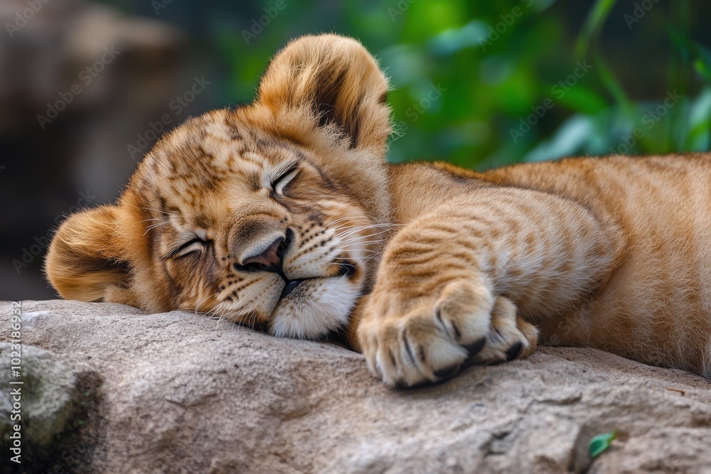 Obraz premium Gentle lion cub resting peacefully on a sunny rock in a natural habitat setting
