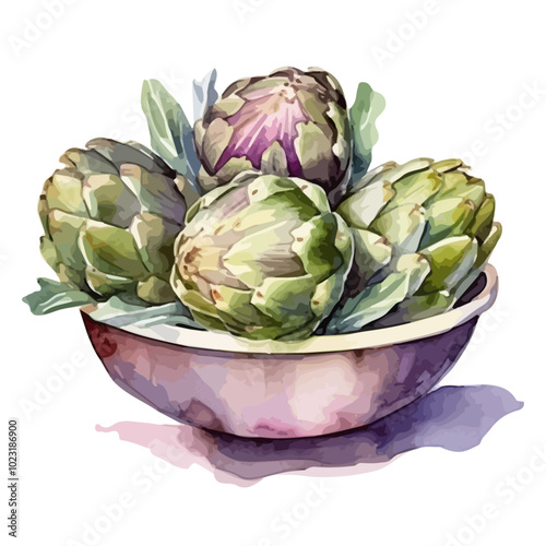 Bowl with ripe artichokes. Hand-drawn horizontal watercolor illustration isolated on a white background
Watercolor Purple artichoke isolated on white background, close-up view