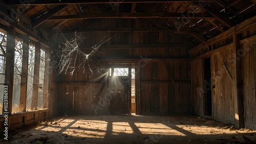 Spider Webs in an Abandoned Barn: Dusty Light Beams Enhance the Spooky Atmosphere