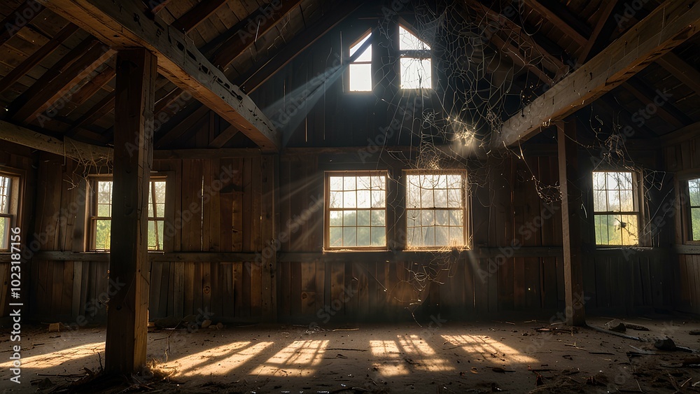 Spider Webs in an Abandoned Barn: Dusty Light Beams Enhance the Spooky Atmosphere Spider Webs in an Abandoned Barn: Dusty Light Beams Enhance the Spooky Atmosphere