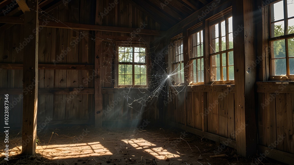 Spider Webs in an Abandoned Barn: Dusty Light Beams Enhance the Spooky Atmosphere Spider Webs in an Abandoned Barn: Dusty Light Beams Enhance the Spooky Atmosphere