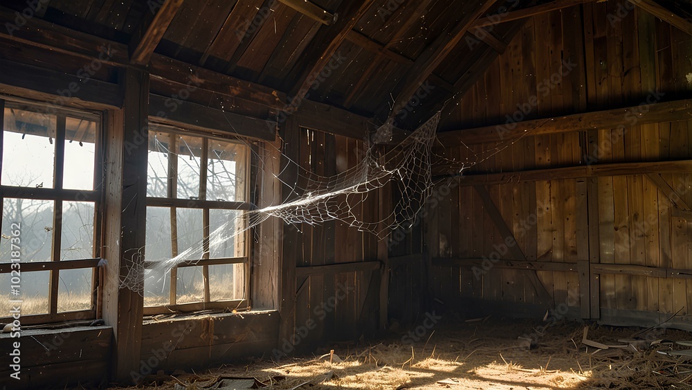 Spider Webs in an Abandoned Barn: Dusty Light Beams Enhance the Spooky Atmosphere Spider Webs in an Abandoned Barn: Dusty Light Beams Enhance the Spooky Atmosphere
