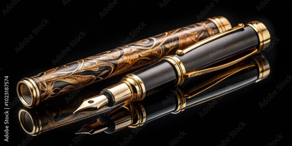 Naklejka premium Luxury antique fountain pen in pieces on black background, luxury, antique, fountain pen, parts