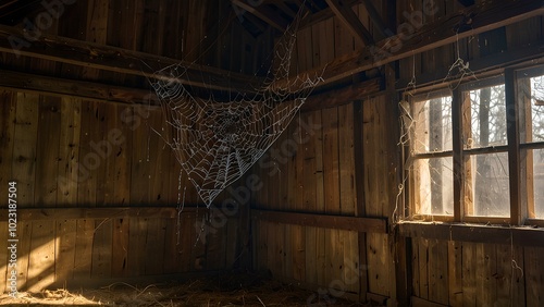 Spider Webs in an Abandoned Barn: Dusty Light Beams Enhance the Spooky Atmosphere photo