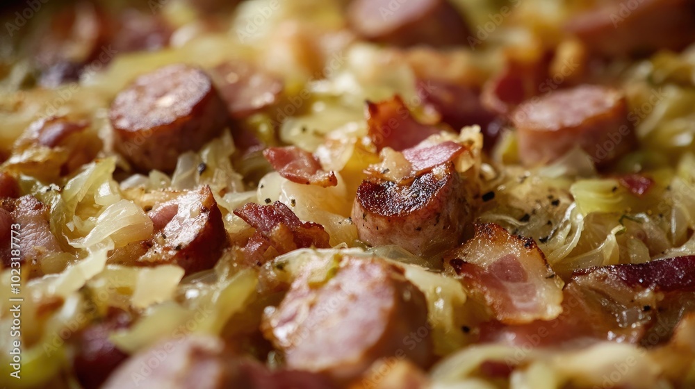 Close-Up of Choucroute Garnie Dish with Sausage Close-Up of Choucroute Garnie Dish with Sausage