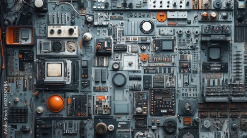 A surface densely covered with buttons, switches, and control knobs from various electronic devices, filling every inch of the frame with a futuristic, mechanical feel.