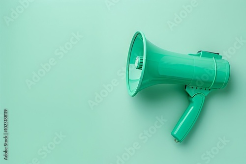 Communication megaphone in teal on a light green background With copy space