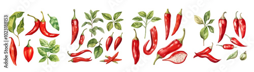 Red hot chili peppers set. Hand drawing watercolor. Can be used for postcards, stickers, encyclopedias, menus, ingredients of dishes. Red Chilli pepper watercolor set. Hot peppers. High-quality photo