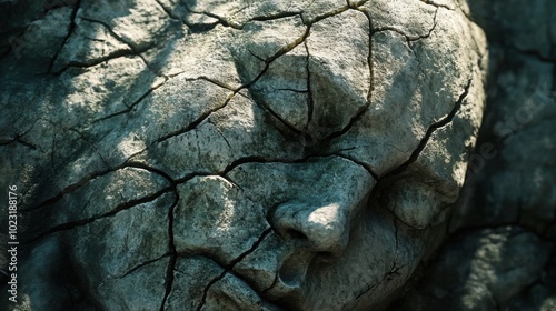 Close-up of a cracked, aged stone sculpture. Visible weathering and moss growing in the fine cracks. Soft sunlight casting dramatic shadows on the rough surface of the stone.