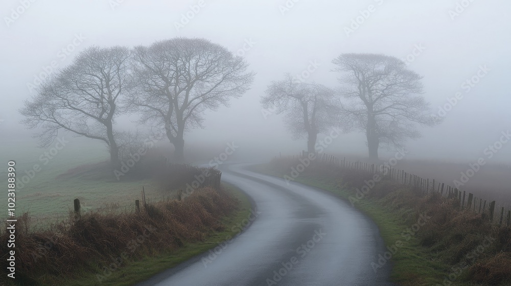 A foggy road winding through the countryside, with trees and fields barely visible through the mist. A foggy road winding through the countryside, with trees and fields barely visible through the mist.