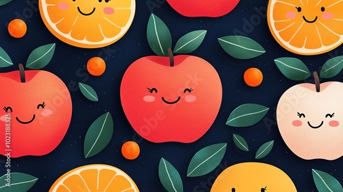 Cute cartoon fruits with smiling faces on a dark background, vibrant and cheerful design. photo