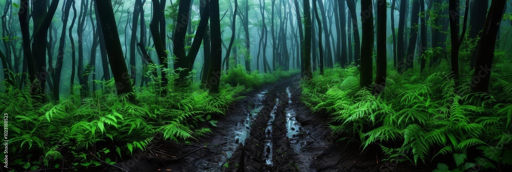 Obraz premium A misty forest path with tall trees and lush greenery.