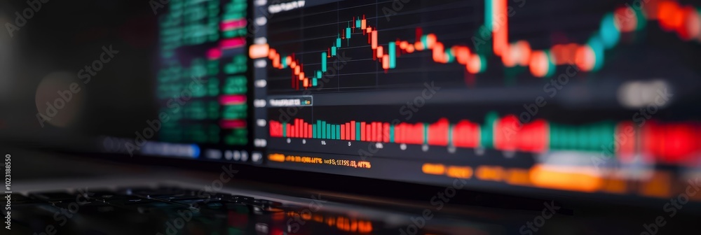 Close-up of a laptop screen displaying a stock market graph with red and green lines. Close-up of a laptop screen displaying a stock market graph with red and green lines.
