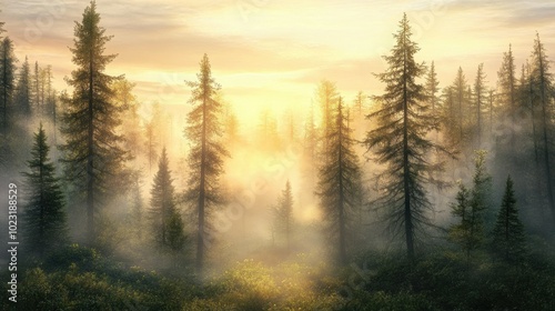 A foggy sunrise over a quiet forest, with soft light filtering through the mist and trees.