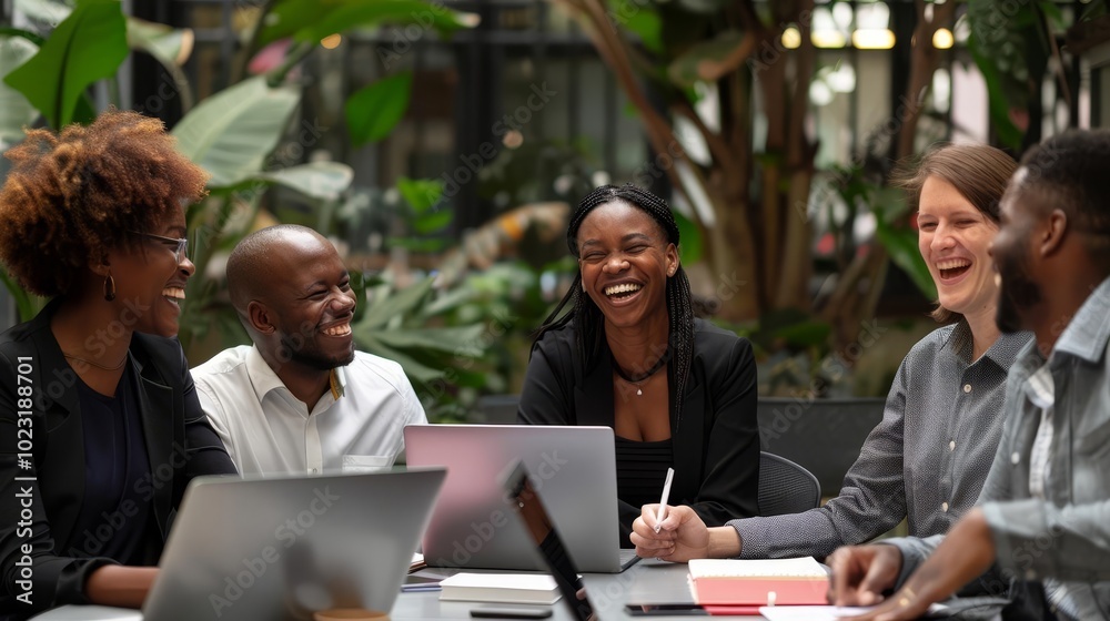 Diverse corporate team enjoying their work, sitting with laptops and notebooks, sharing laughs Diverse corporate team enjoying their work, sitting with laptops and notebooks, sharing laughs