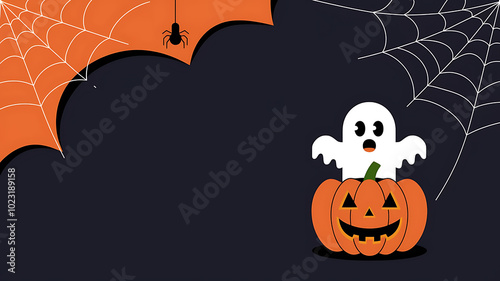 Cute Halloween illustration with orange pumpkin and white ghost on dark background. 
