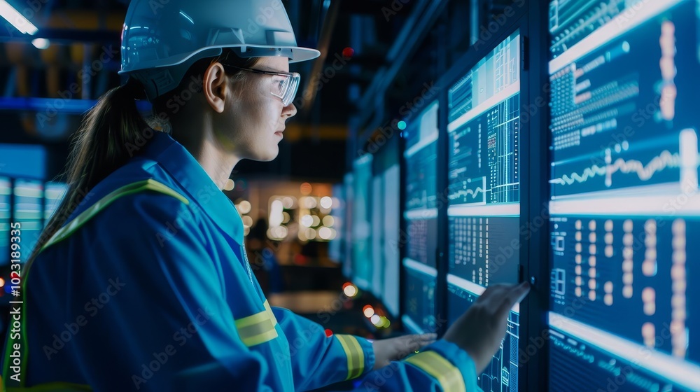 Engineer monitoring data on large screens in a control room. Engineer monitoring data on large screens in a control room.