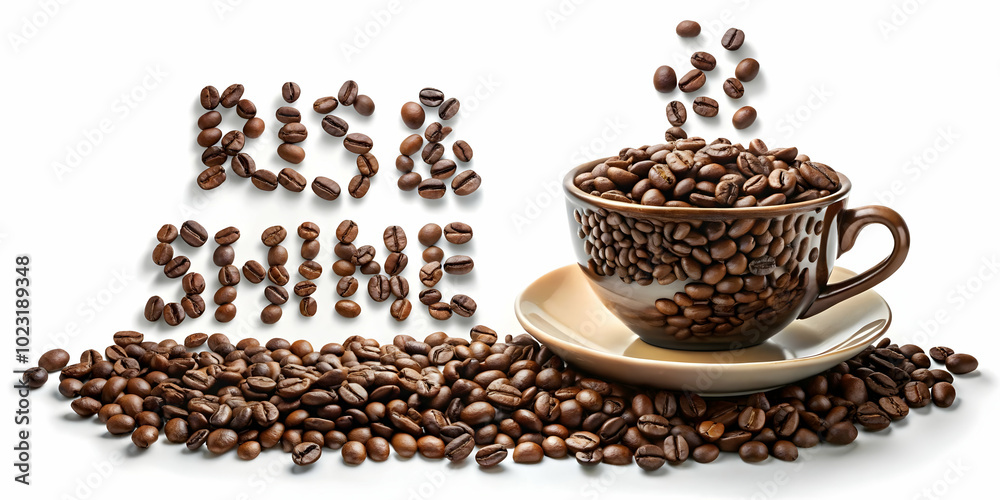 Dynamic Vector Design of a Floating Espresso Cup Surrounded by Coffee Beans Creating a Wake Up Call with 'Rise & Shine' Text Perfect for Energetic Coffee Promotions on a White Background Dynamic Vector Design of a Floating Espresso Cup Surrounded by Coffee Beans Creating a Wake Up Call with 'Rise & Shine' Text Perfect for Energetic Coffee Promotions on a White Background