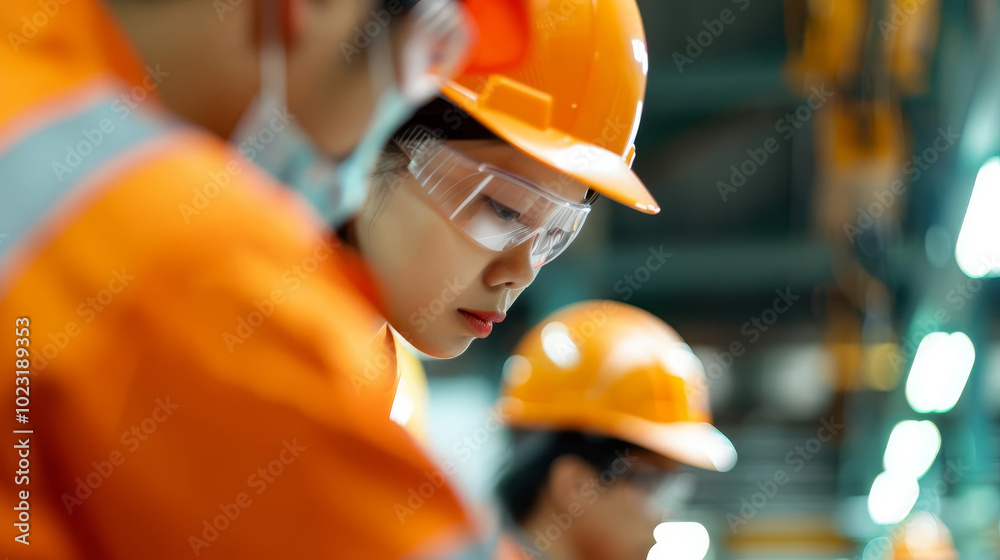 Two construction workers in hard hats and safety vests inspecting a large machine. Two construction workers in hard hats and safety vests inspecting a large machine.