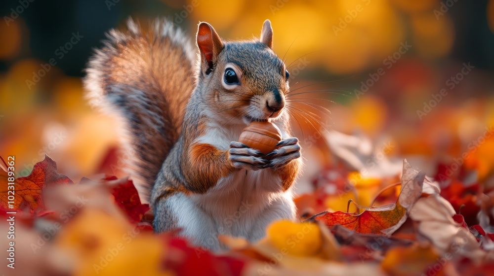 A squirrel is eating an acorn on a pile of autumn leaves A squirrel is eating an acorn on a pile of autumn leaves