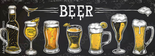 Beer bottles and glasses and the word 