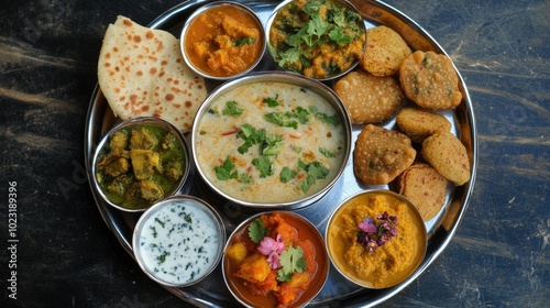 Colorful Rajasthani Thali with Delicious Curries and Sweets