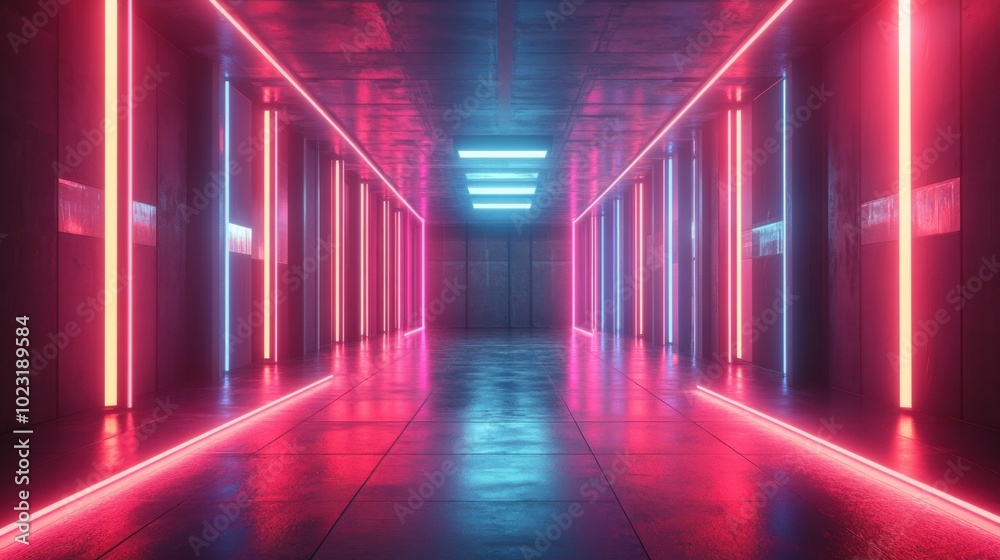 An empty futuristic studio with neon lights and glowing rays, extending towards the horizon, creating a vibrant and immersive visual experience. An empty futuristic studio with neon lights and glowing rays, extending towards the horizon, creating a vibrant and immersive visual experience.