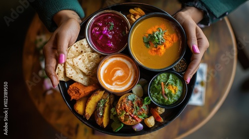 Colorful Thali Featuring North and South Indian Dishes