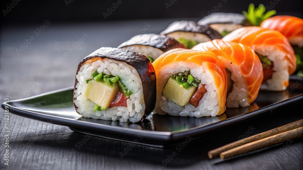 Close-up shot of traditional Japanese maki and nigiri sushi on a sleek black plate, sushi, Japanese cuisine Close-up shot of traditional Japanese maki and nigiri sushi on a sleek black plate, sushi, Japanese cuisine