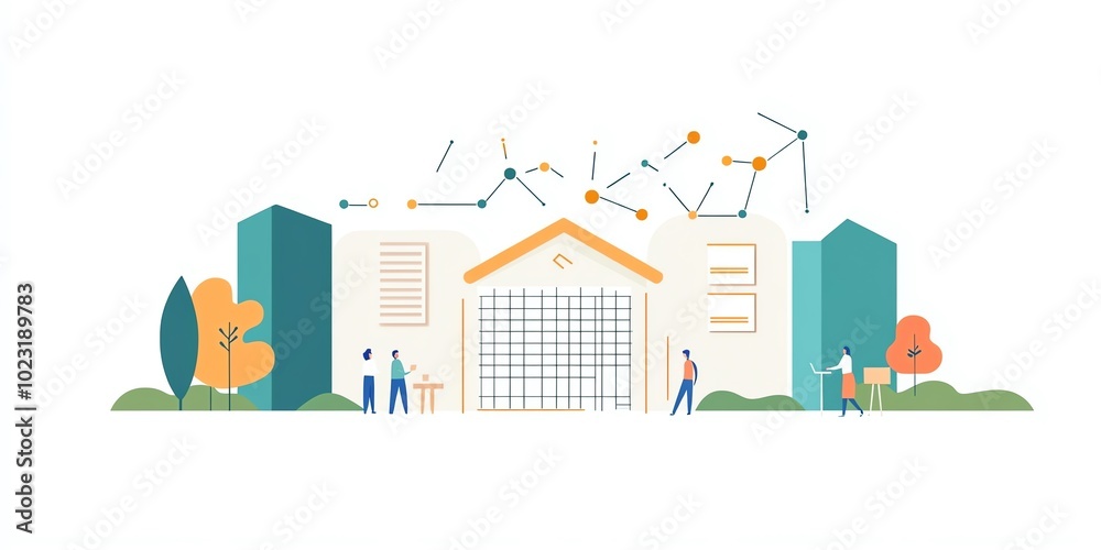 Financial graphs with mentoring, outdoor workshop, connection grid network, flat design illustration Financial graphs with mentoring, outdoor workshop, connection grid network, flat design illustration