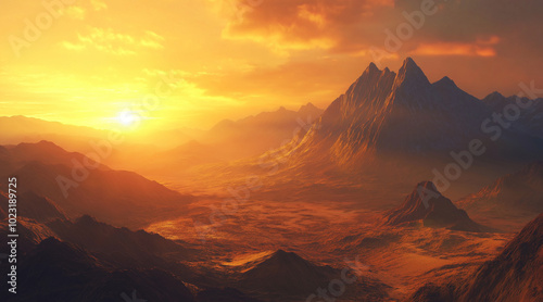 a vast mountain range with the sun rising photo