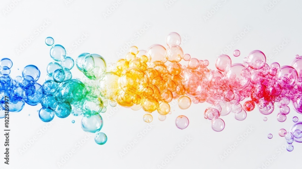 A spectrum of colorful liquid bubbles floating isolated on a white background A spectrum of colorful liquid bubbles floating isolated on a white background