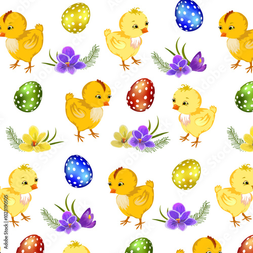 Pattern with chickens and Easter eggs.Vector pattern with Easter eggs, yellow chicks and flowers on a transparent background.