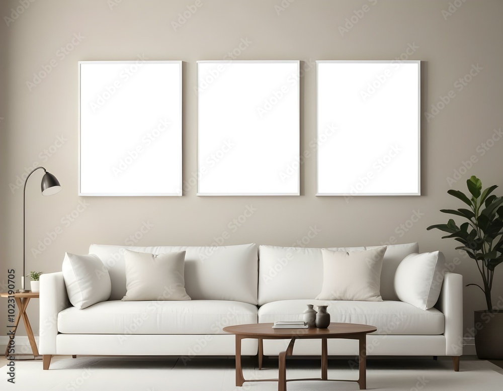 Fototapeta premium A minimalist living room with a white sofa, a wooden coffee table, and three blank white frames on the wall.