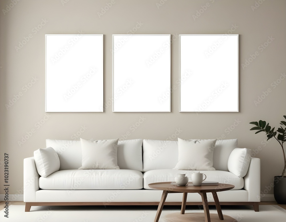 A minimalist living room with a white sofa, a wooden coffee table, and three blank white frames on the wall. A minimalist living room with a white sofa, a wooden coffee table, and three blank white frames on the wall.