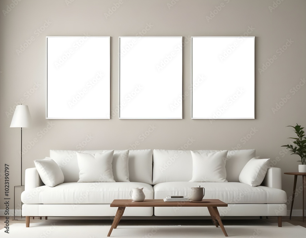 A minimalist living room with a white sofa, a wooden coffee table, and three blank white frames on the wall. A minimalist living room with a white sofa, a wooden coffee table, and three blank white frames on the wall.