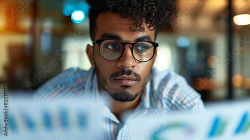 Focused businessman analyzing financial data at his desk.