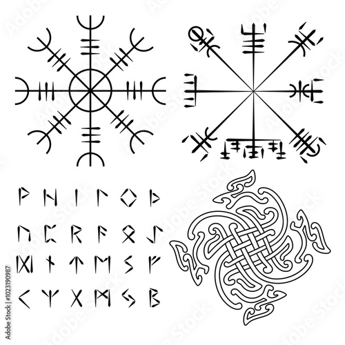 Scandinavian runes and common known symbols.