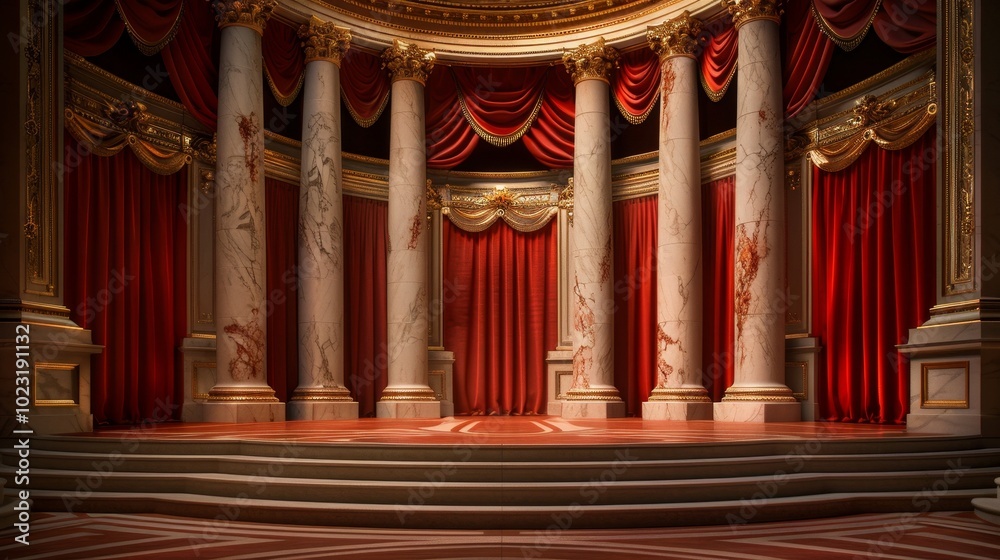 Obraz premium Grand stage with red curtains and marble columns.