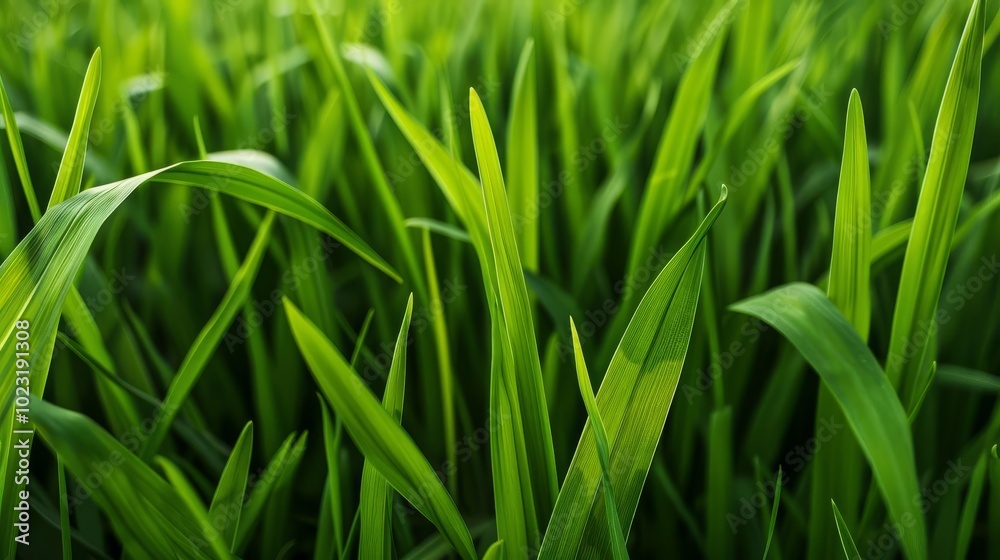 Close-up of lush green grass blades in a field. Close-up of lush green grass blades in a field.