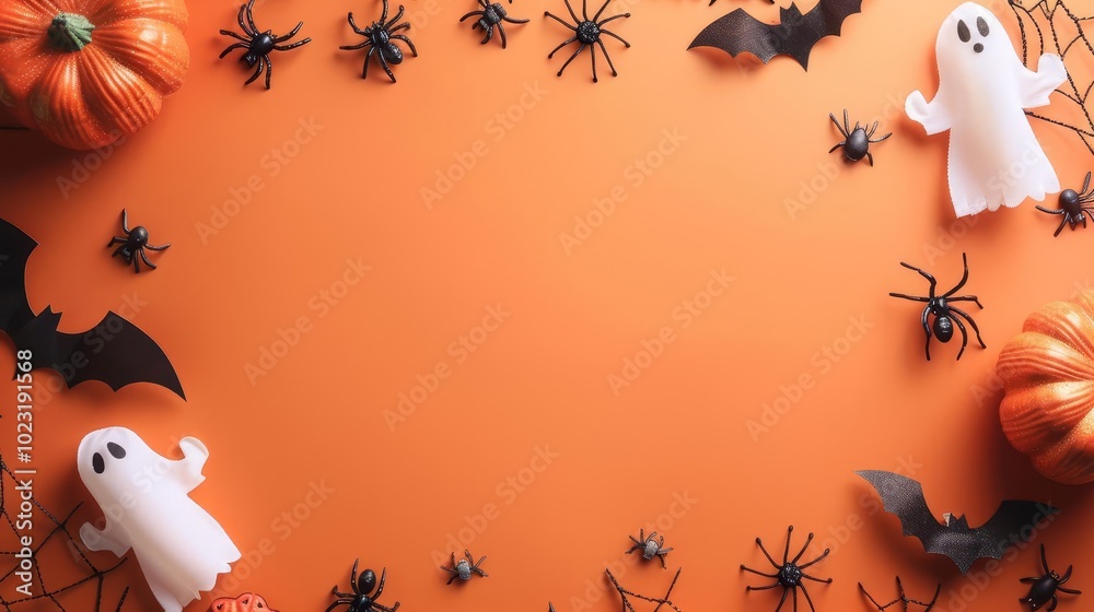 Halloween background with pumpkins, bats, ghosts and spiders on orange background. Halloween background with pumpkins, bats, ghosts and spiders on orange background.