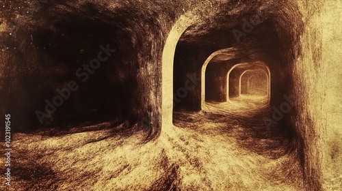 A dimly lit tunnel with arched openings, suggesting an eerie, underground atmosphere.