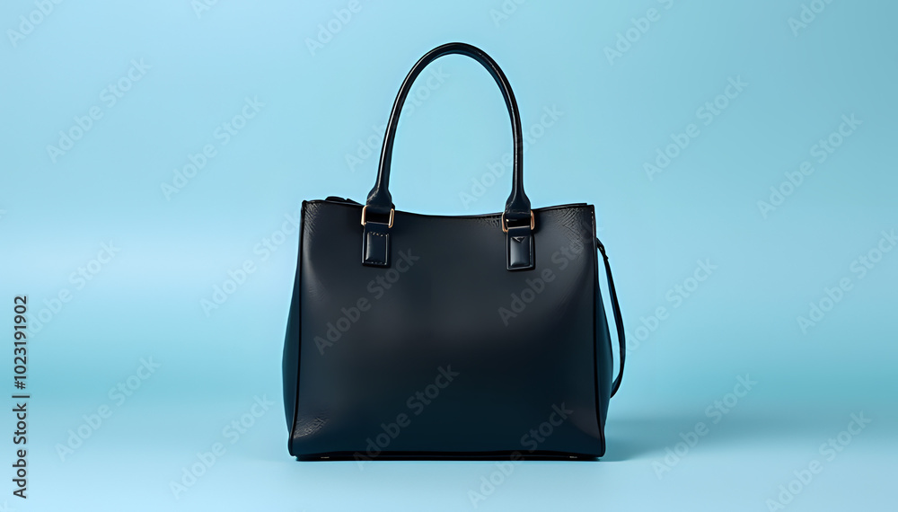 Stylish black women's handbag against a light blue studio backdrop Stylish black women's handbag against a light blue studio backdrop